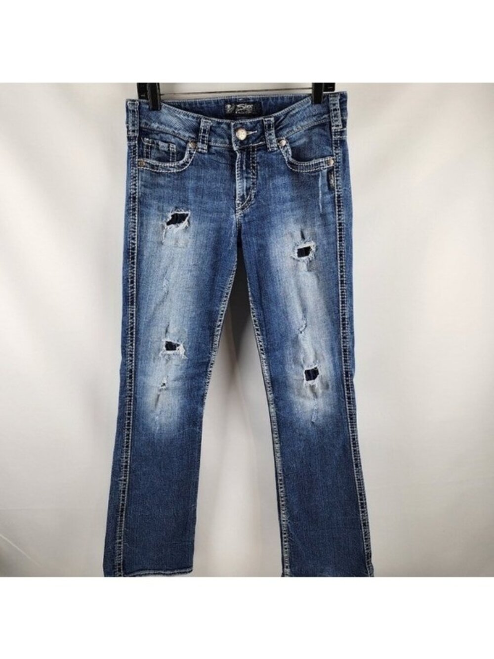 SILVER JEANS SUKI 17” Womens Boot Cut Mid Rise Distressed Blue Jeans Size 29x30